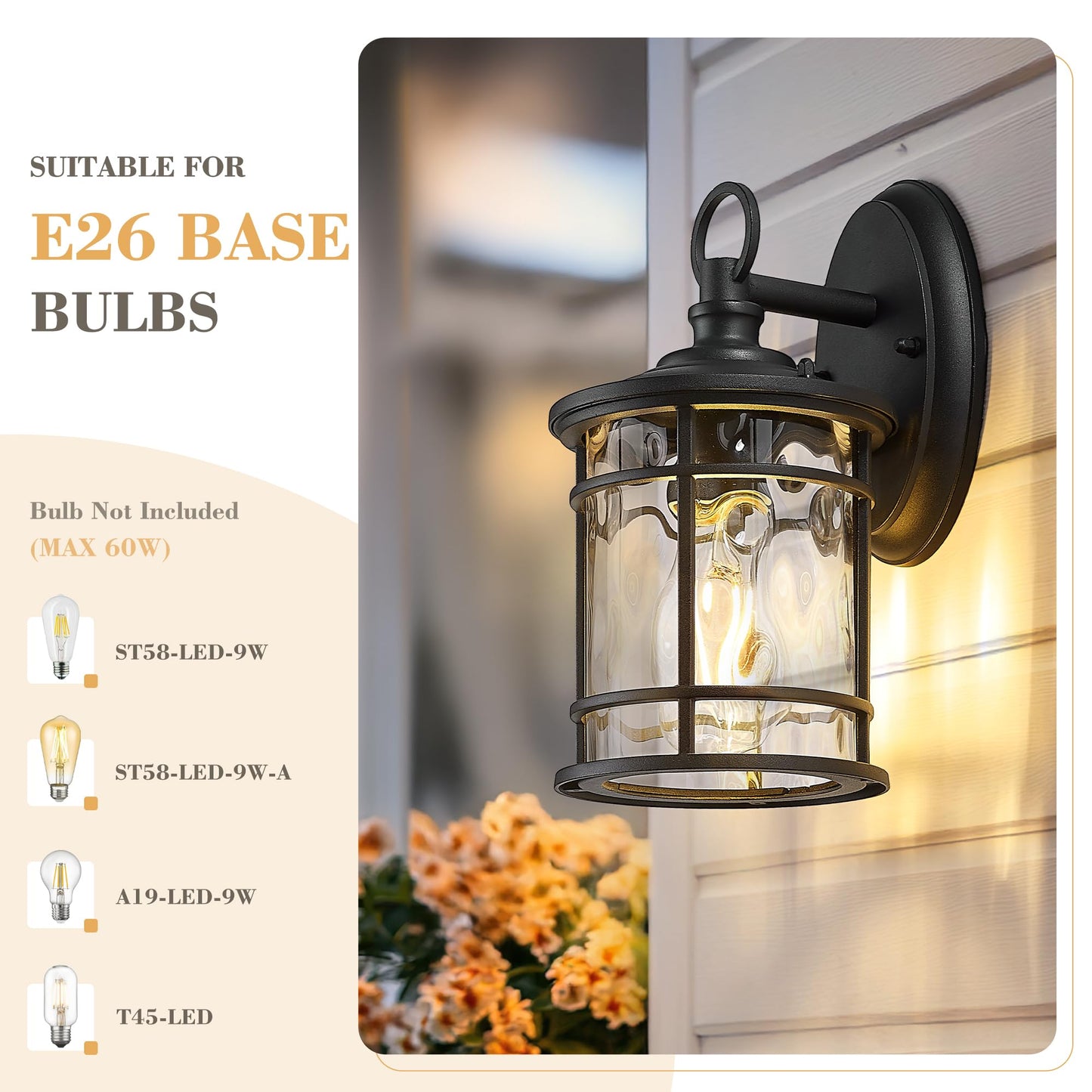Emliviar 1-Light Outdoor Wall Mounted Lighting  Matte Black Outside Porch Light  11.4 Aluminum Carriage Light With Water Ripple Glass  Xe229Bs Bk-Wg
