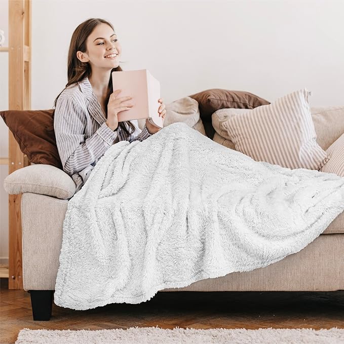 PAVILIA Sherpa Throw Blanket for Couch Sofa, White Fluffy Warm Plush Blanket for Twin Bed, Cozy Super Soft Lightweight Throw, Fuzzy Decorative Blanket, All Season Home, 60x80