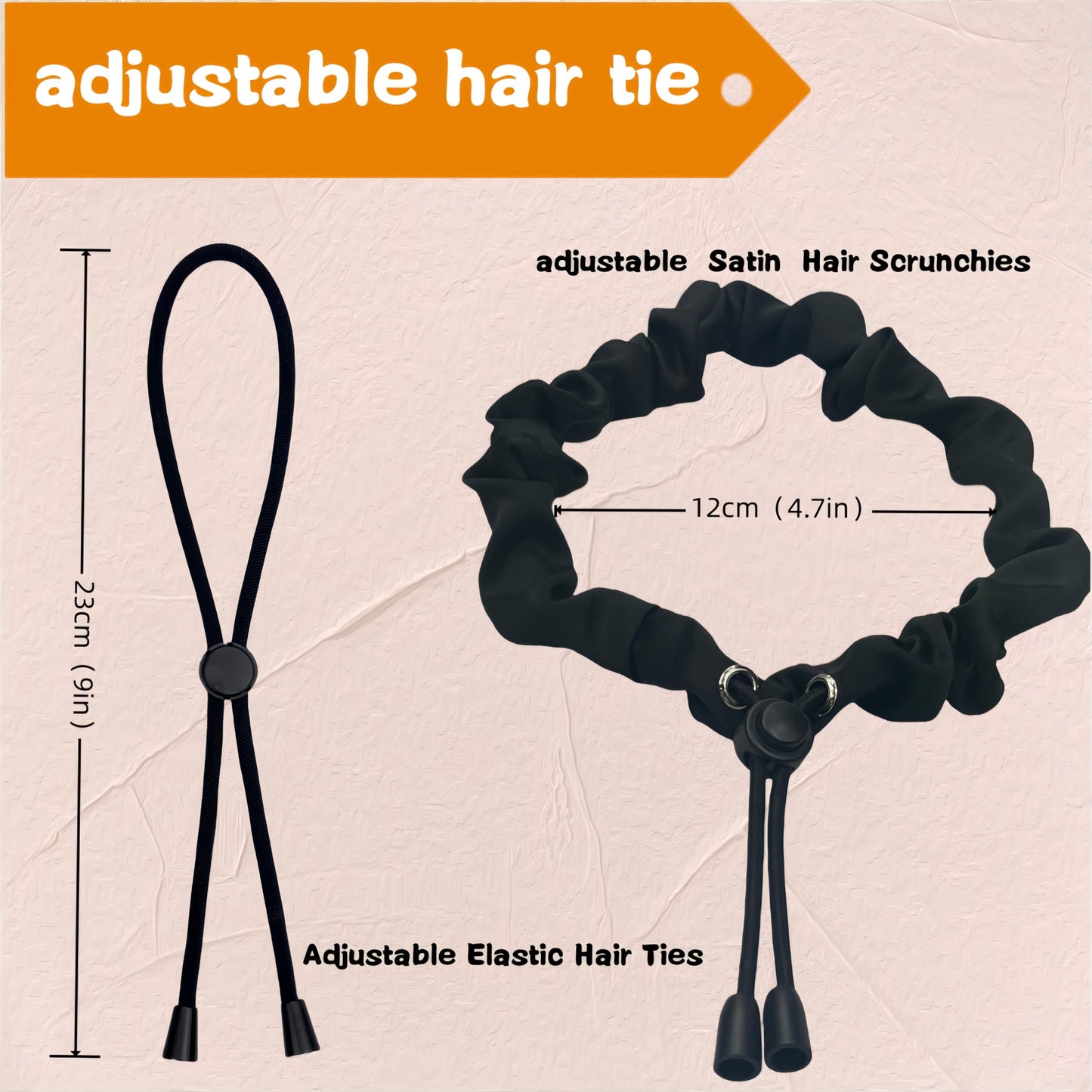 6 Pcs Black Large Adjustable Length Satin Hair Ties for Afro Puff,Thick Black Hair Band, Silk Soft Ponytail Holders,Perfect for