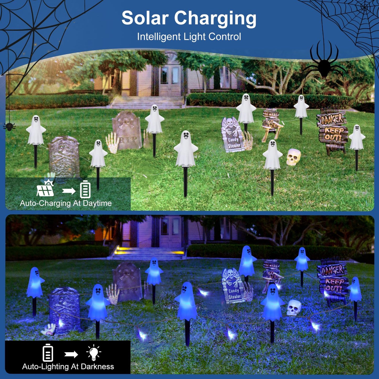 8Pcs Ghost Halloween Decor Pathway Lights Outdoor  Solar Powered Ghost Stake Lights With 8 Lighting Modes  Waterproof Halloween Decorations For Garden/Yard/Patio