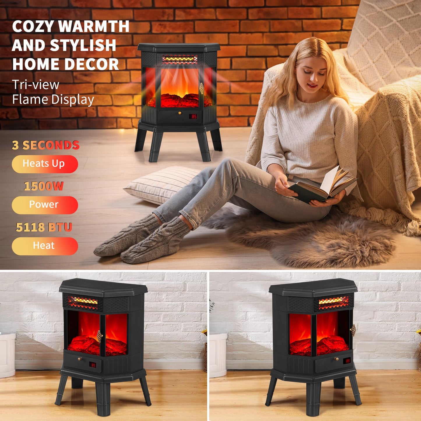 Electric Fireplace Heater 22 In Freestanding Fireplace Stove Infrared Fireplace Realsmart With 3D Flame Effect Remote Control, T