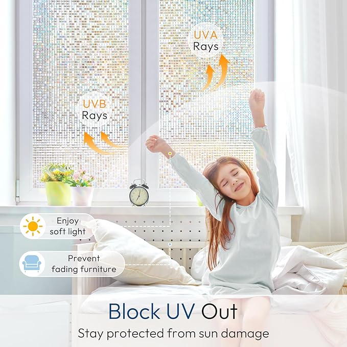 rabbitgoo Window Privacy Film Stained Glass Window Film, Mosaic Rainbow Decorative Glass Cling, Removable Static Cling Tint UV Blocking, Non-Adhesive Privacy Covering for Home, 35.4 x 118.1 inches