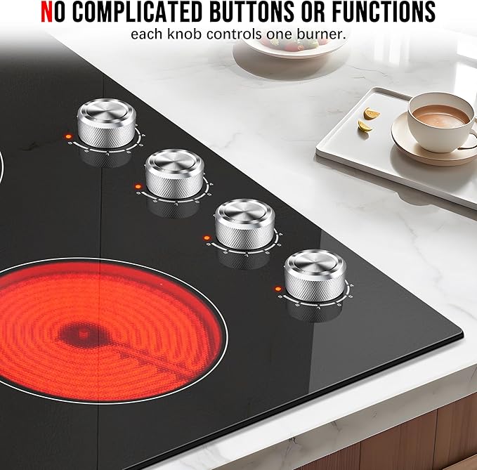 Karinear 24 Inch Electric Cooktop 4 Burners Electric Stove, Knob Control,6000W, Built-in Radiant Hob,Residual Heat Indicator, Overheat Protection,Hardwired 220V Radiant Ceramic Stove(Silver Knob