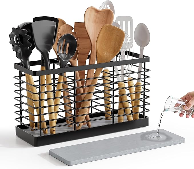 Utensil Holder for Kitchen Counter, Kitchen Utensil Holder for Countertop with Diatomaceous Earth Base, Large Cooking Utensil Organizer with 3 Compartments for Spatula Storage, Metal/ Black