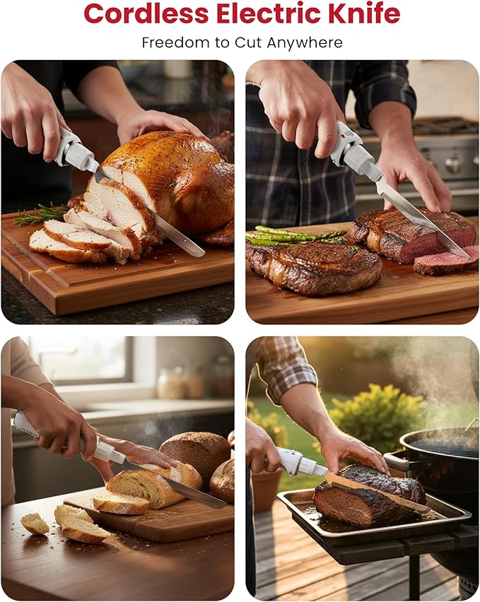 New Upgrade Cordless Electric Knife, Serrated Blade Knife for Turkey, Meat Slicing, Fillet, Bread, Ergonomic Design Cutting Knifes with Comfortable Contoured Grip, USB-C Rechargeable, Easy-Slice,White