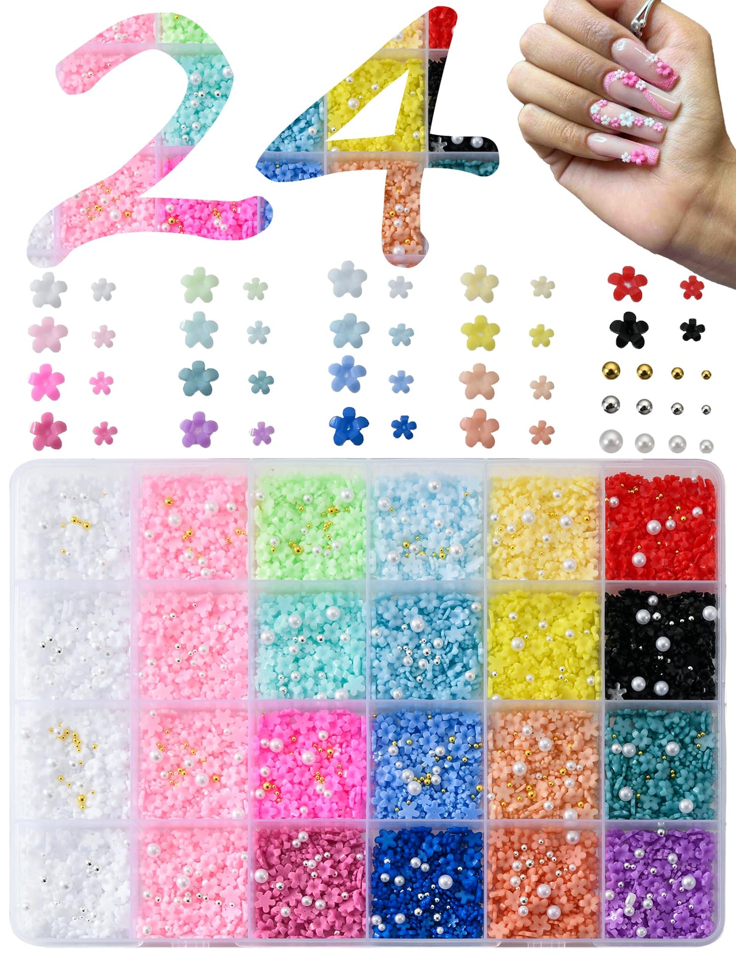 OPMADM 10000Pcs Flower Nail Charms Spring 3D Flowers for Nails with Caviar Beads and Flatback Pearls Cute Resin Nail Art Charms