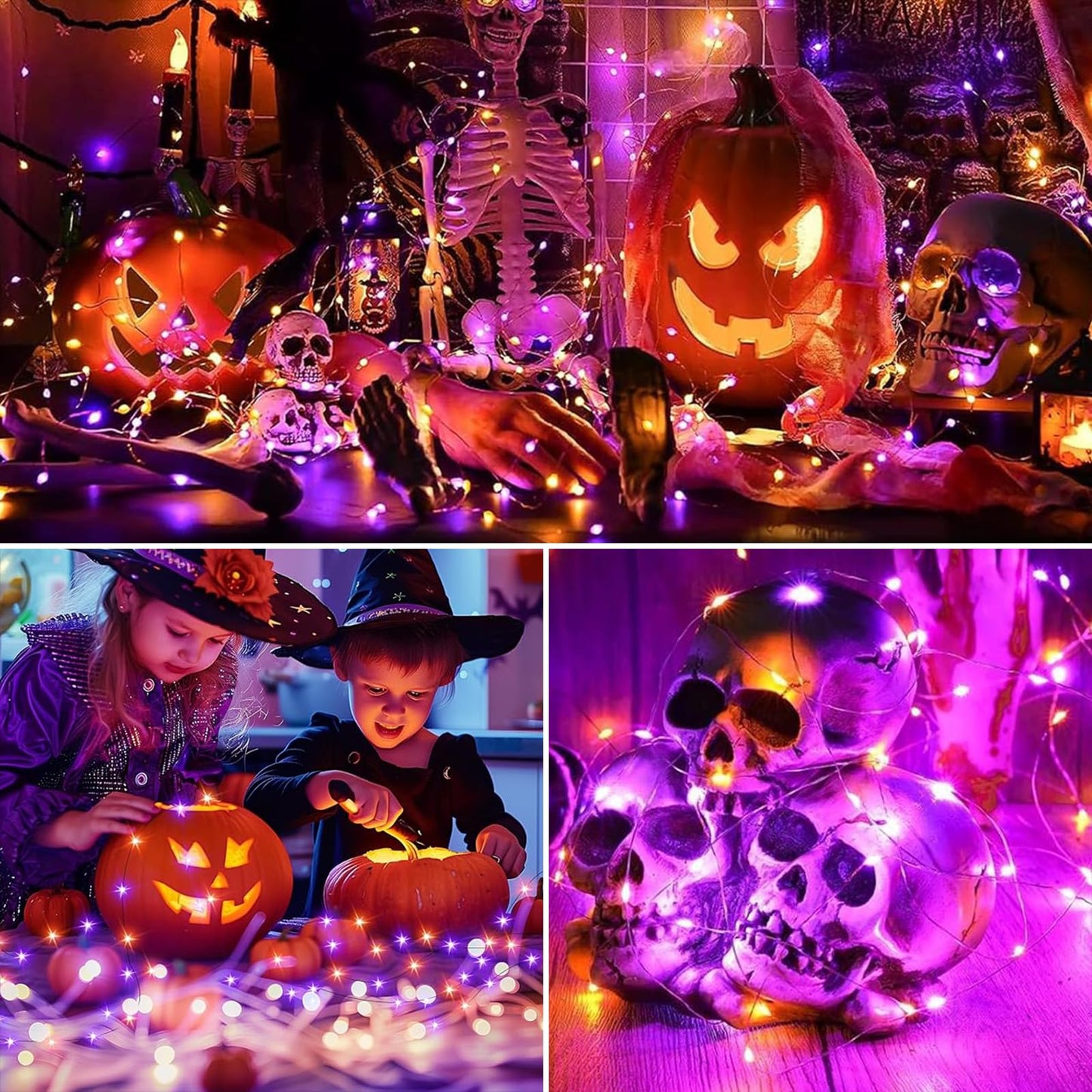 Solar String Lights Outdoor Waterproof 2 Pack Total 66Ft 200Led 8 Modes Twinkle Lights Solar Fairy Lights For Patio  Garden Yard Party Tree Christmas Halloween Decoration  Orange + Purple