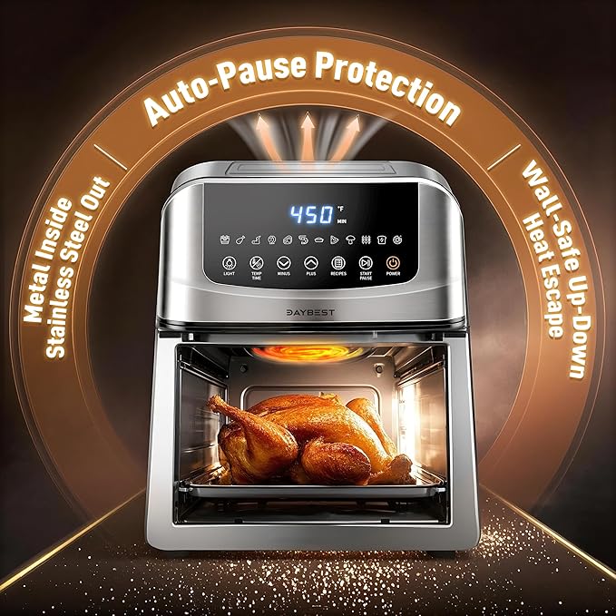 6QT Stainless Steel Air Fryer Ceramic 12 in 1, Dual-Blazes in Metal Housing, 2-3 Servings Visible 8.27" Basket with Teflon-Free Premium Coating, 1700W, DAYBEST Dishwasher Safe Kits (Silver)