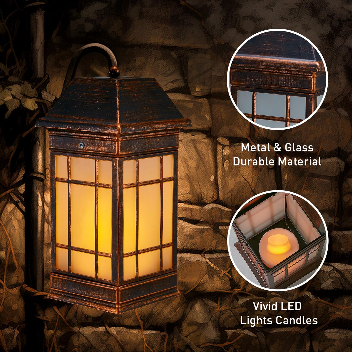 anyperfect Solar Lantern, 14in Hanging Metal Lantern, Waterproof Glass Flickering Flame, Black, Model DL02B