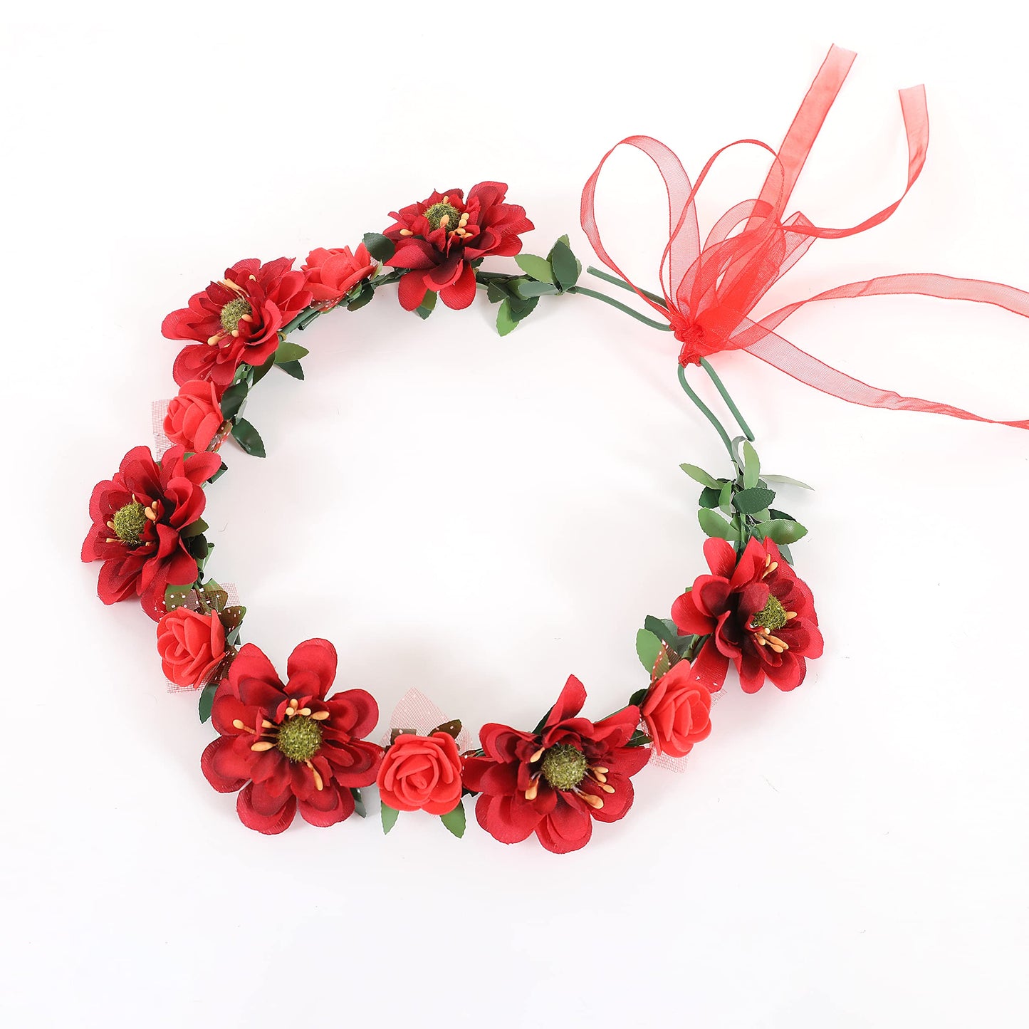 Gmmidea Women Girls Boho Flower Crown Adjustable Sunflower Floral Headband Wedding Bridal Headpiece Red