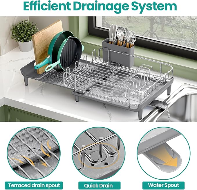 TOOLF Dish Drying Rack - Large Expandable Dish Rack for Kitchen Counter, Stainless Steel Dish Drainer for Kitchen Organization with Cutlery ＆ Cup Holder,Gray