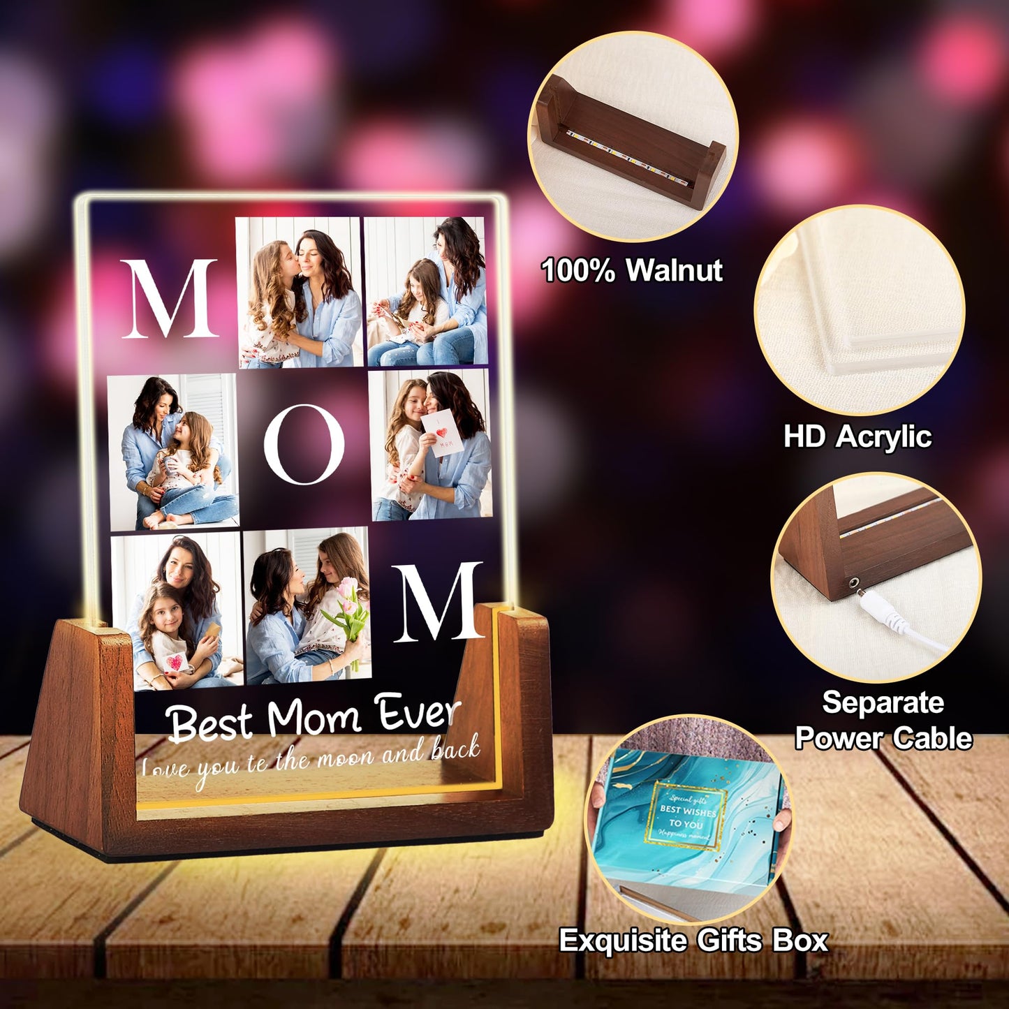Maiwell Personalized Mothers Day Birthday Gifts For Mom From Daughter Son Husband  Custom Best Mom Ever Gifts Picture Frame Night Light With Photo Name  Customized Christmas Gift For Mama Wife Women