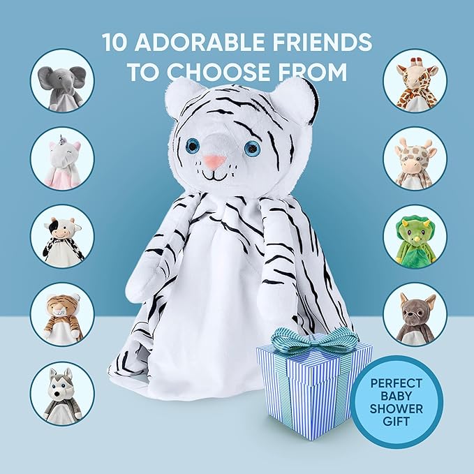Love By Emi Sleep Soother White Noise with Heartbeat Tiger Plush & Lullaby, 4-in-1 Sound Machine, Security Blanket, Pacifier Holder, Baby Gift Registry Essential for Newborns, Infants & Toddler