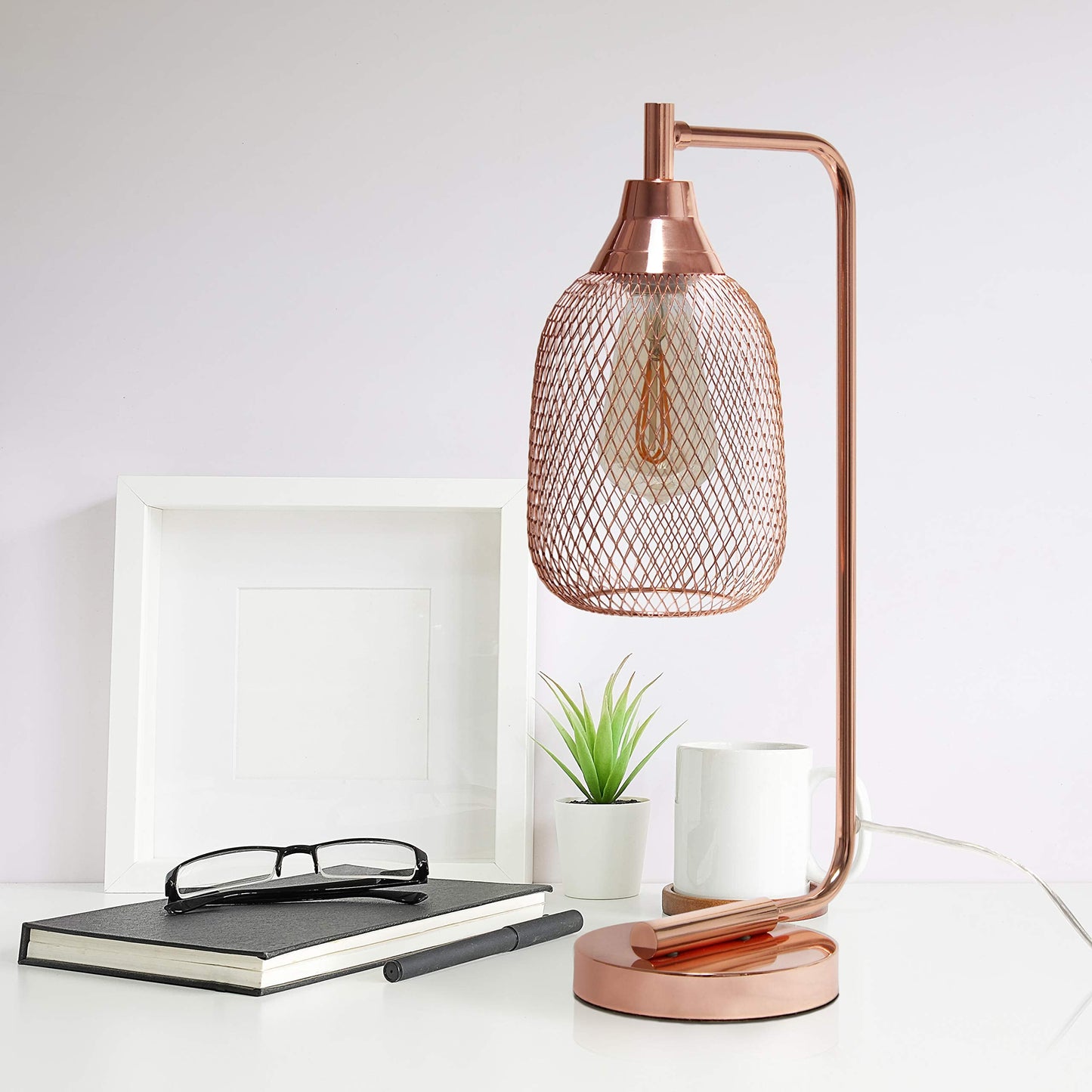 Simple Designs LD1060-RGD Table Desk Lamp, Iron, Mesh Wire, Rose Gold