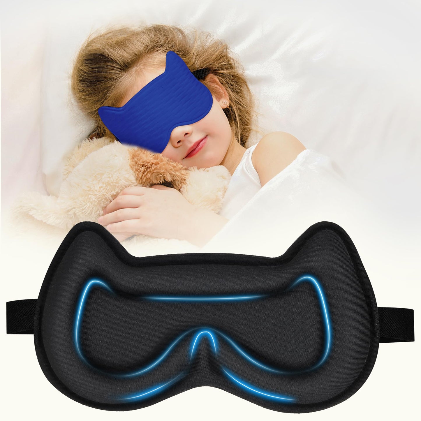 Kids Sleep Mask Eye Mask: 3D Contoured Cup Sleeping Masks, Blindfold with Adjustable Strap, Kids Eye Cover for Boys, Girls, Teens, Pressure-Free with Memory Foam Face Mask for Sleeping (Royal Blue)