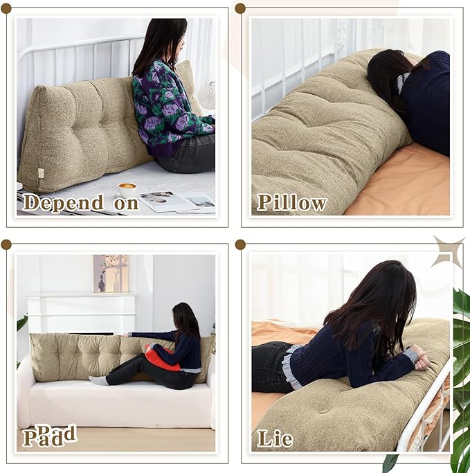 Wenqik Wedge Pillow Triangular Dorm Headboard Bed Rest Reading Backrest Back Support Long Bolster Pillow with Removable Cover for Dorm Room Supplies(Khaki Gray,Twin (39 x 20 x 8 Inch))