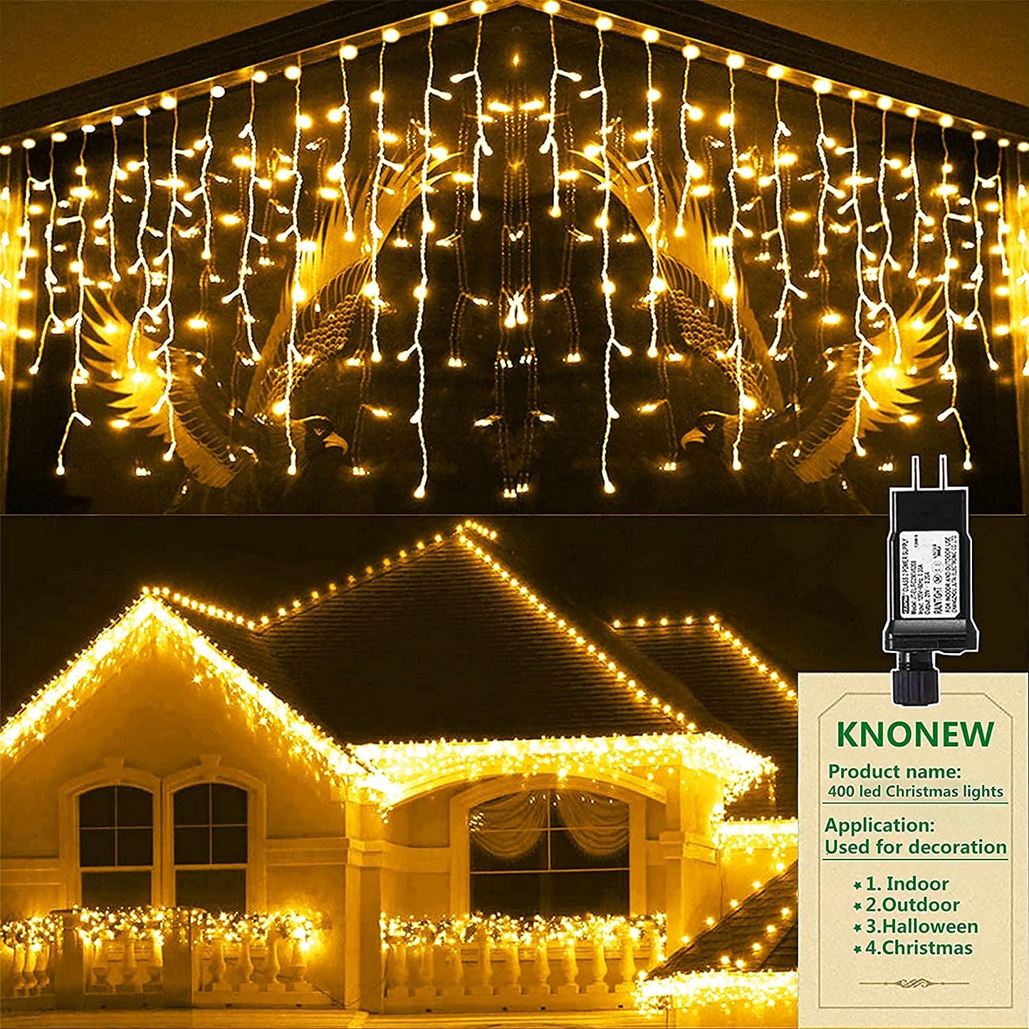 KNONEW Outdoor Decorative String Lights 400 LED 33FT Warm White Curtain Fairy Lights with 8 Modes for Christmas Weddings