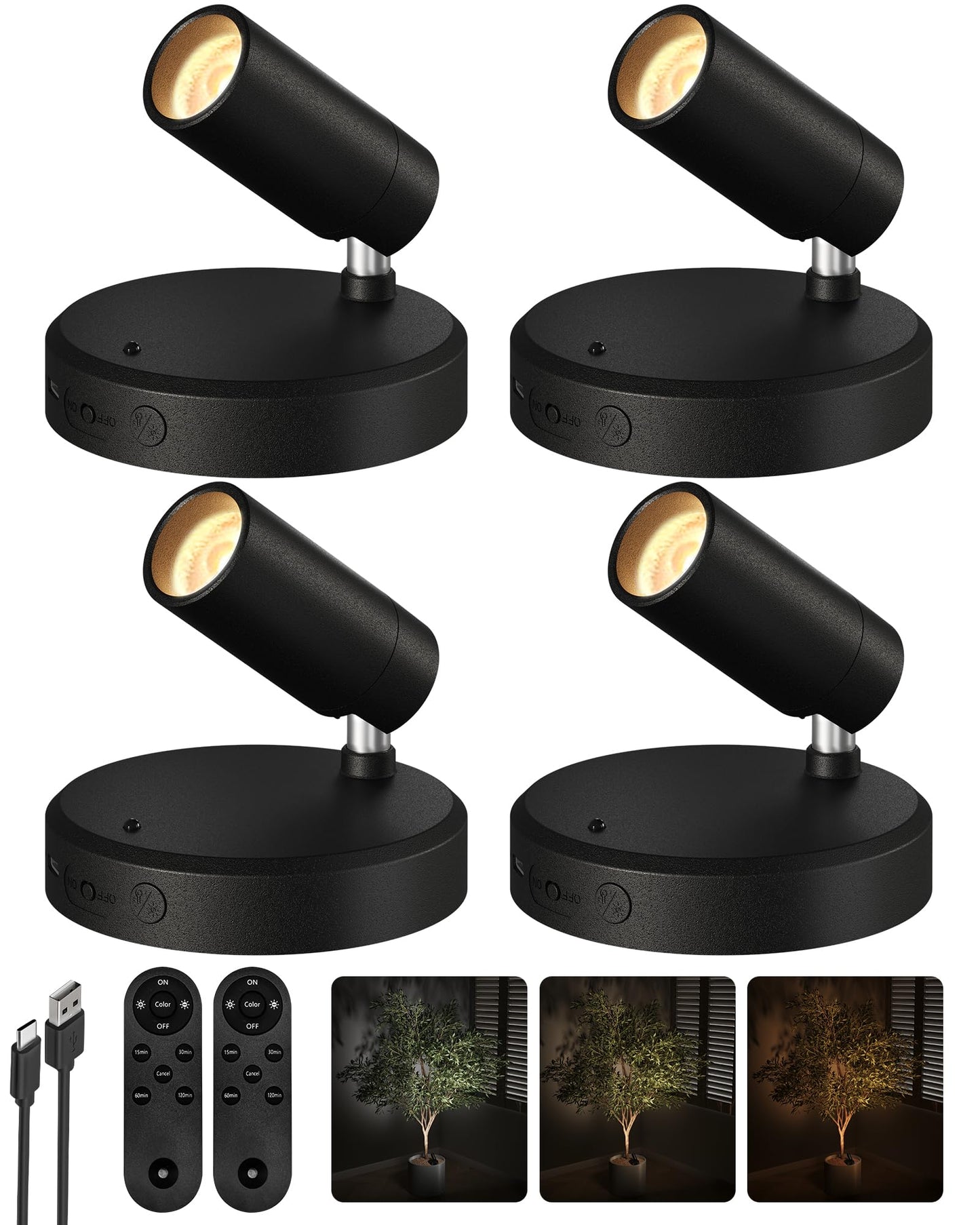 Ezvalo Spotlights Indoor With Remote 5500Mah Rechargeable Picture Lights  Wireless Led Uplighting With Timer&Dimmable  3Cct Mini Plant Spot Lights For discomfort-reducingting Artwork Accent Lighting(4Pack-Black)