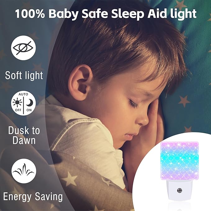 Pink Teal Mermaid Scales Night Light, Rainbow Glitter Fish Scale Dusk to Dawn Night Light Plug in,0.5w Energy Saving Sleep Friendly NightLight for Kids Boys Girls Home Decor