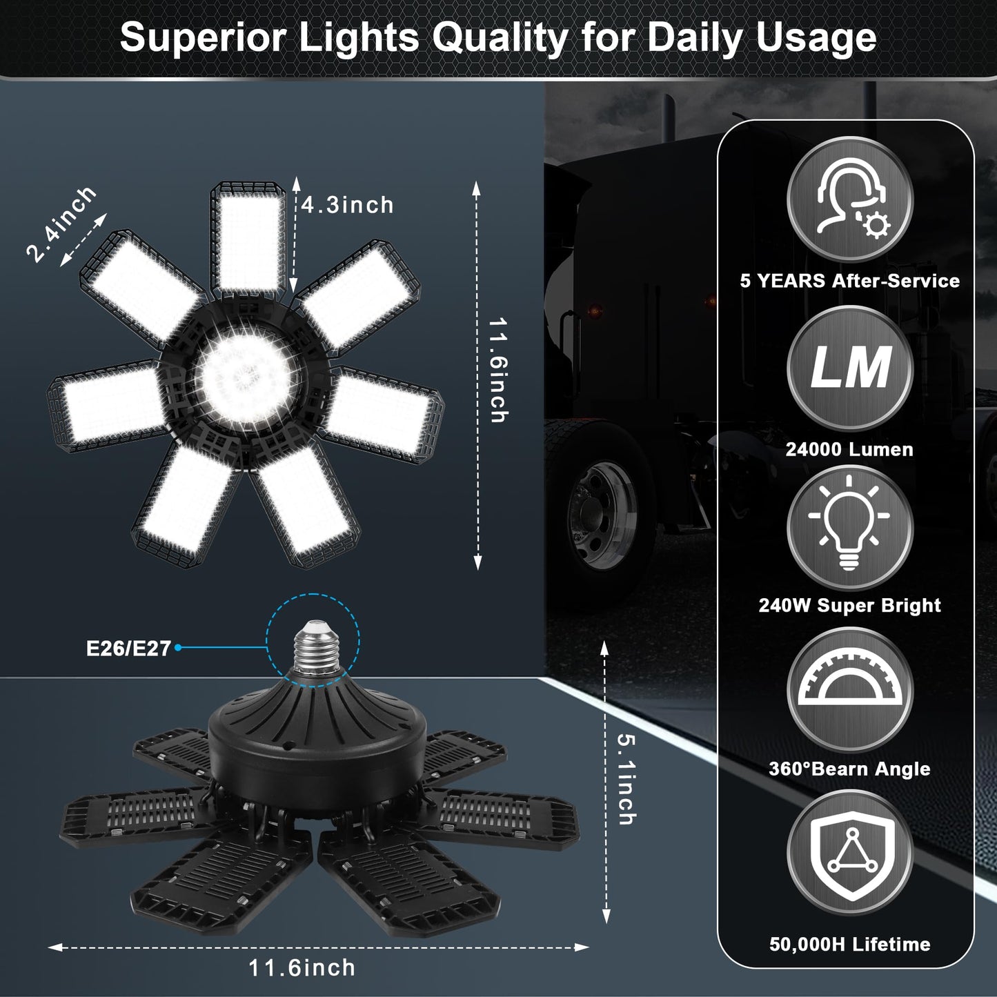 AUDLES 6 Pack LED Garage Light, 240W, 24000LM, 6500K, Deformable Panels, E26/E27 Socket, Cool White