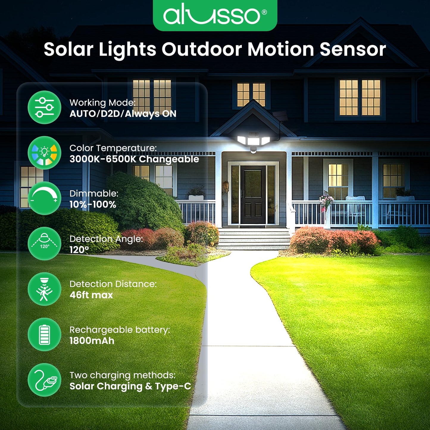 ALUSSO Solar Lights Outdoor, 3 Heads Motion Sensor, Dimmable 3000-6500K, IP54 Waterproof, Remote Control, Black, Model OT05