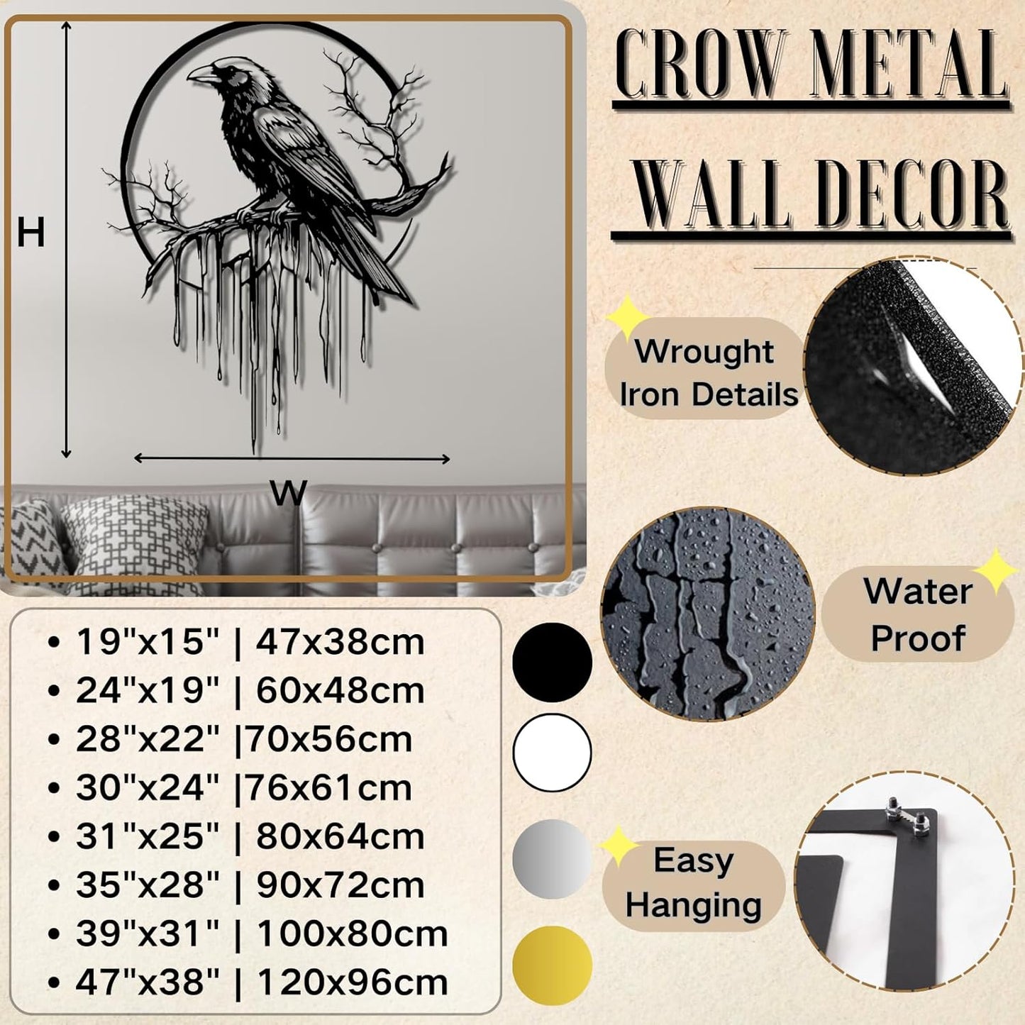 Crow Metal Wall Decor, Raven Wall Art, Large Gothic Raven Decor Hangings, Bird Wall Decor, Metal Tree Branch Decor, Ravens Sign, Raven Art for Living Room (Black, 35"x28" | 90x72cm, metal wall art)