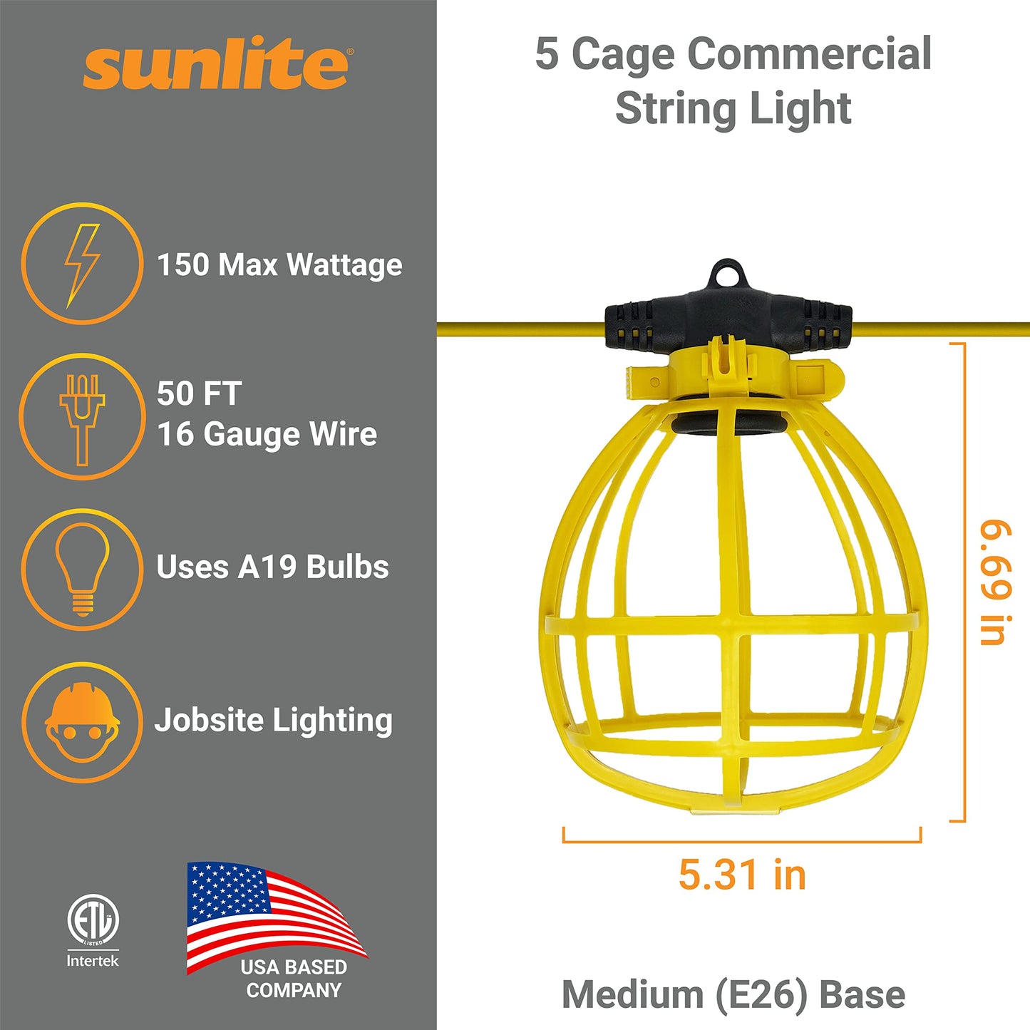 Sunlite Construction Cage String Lights, 50ft, 5 Sockets (E26), Safety Yellow, ETL Rated, Indoor/Outdoor, Model 04224