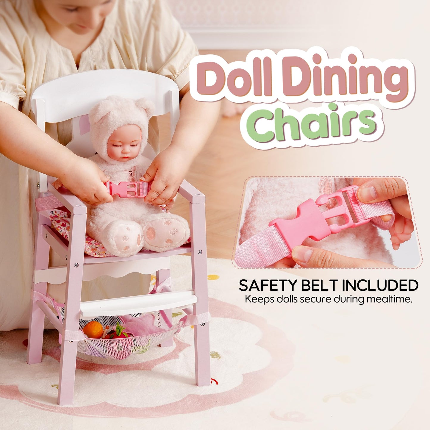 ROBOTIME Wooden Baby Doll High Chair – Pretend High Chair Toys for 18" Dolls – Doll Feeding Chair Toy with Tray – Baby Doll Furniture for Girls Ages 3+