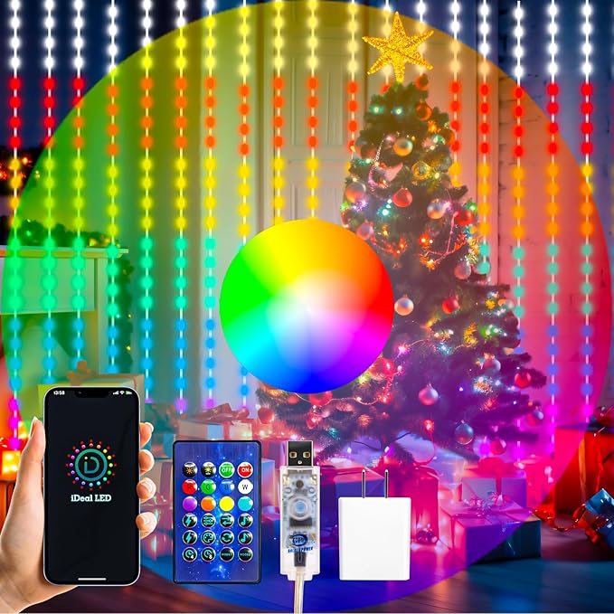 HXWEIYE 300LED Fairy Curtain Lights, 9.8x9.8Ft USB Plug-in 8 Modes Christmas String Hanging Lights with Remote for Bedroom...