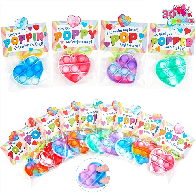 JOYIN 30 Packs Valentines Day Gifts for Kids, Heart Pop Bubble Keychain with Valentines Day Cards for Kid School Classroom...