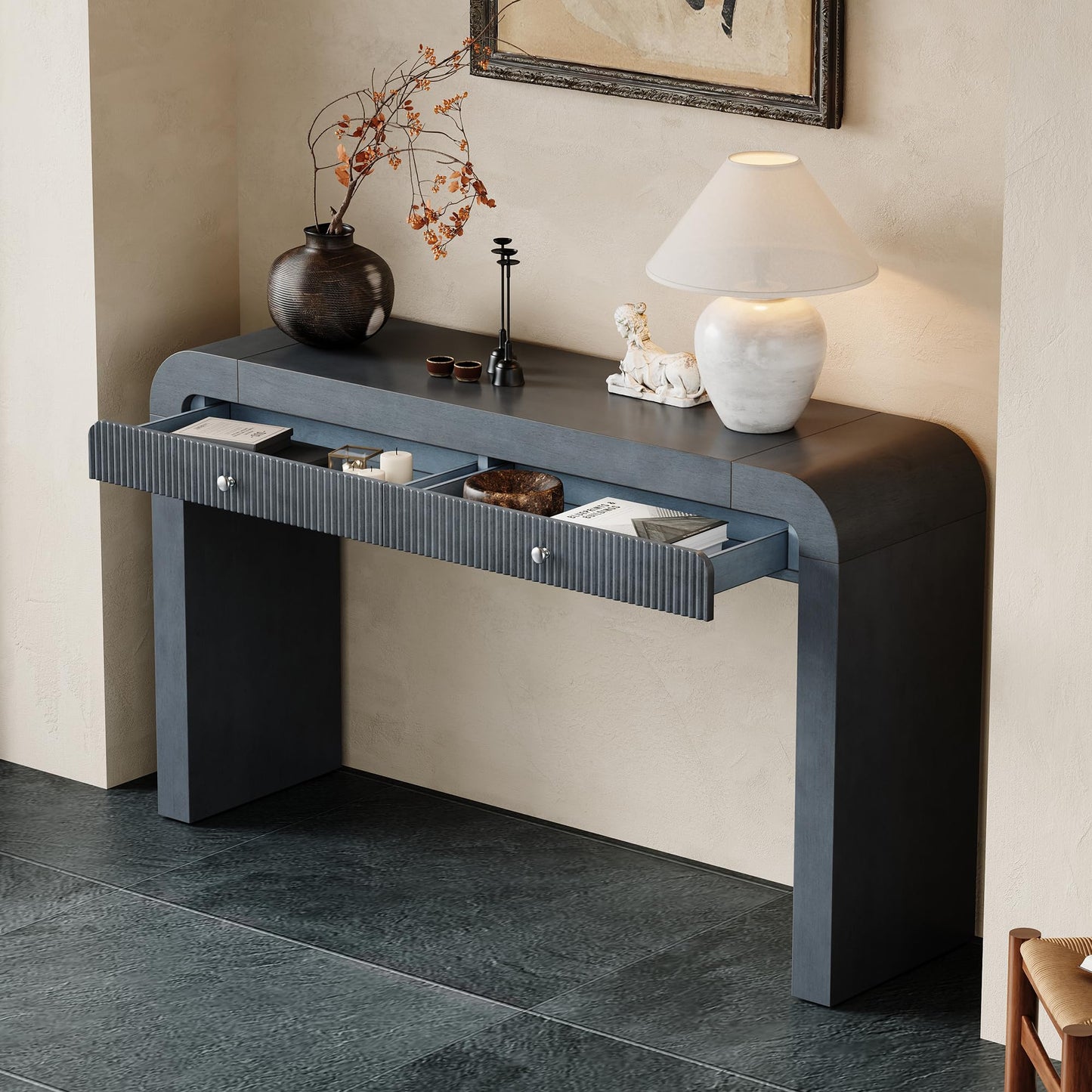 Merax Rustic Console Table with Fluted Drawer Front, Entryway Table with Curved Corners & Thick Legs, Sturdy Sofa Table for Hallway & Living Room, Dark Navy