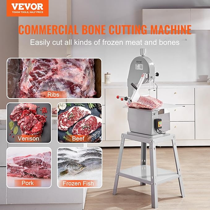 Commercial Electric Meat Bandsaw, 1500W Stainless Steel Vertical Bone Sawing Machine, Workbeach 19.3" x 15", 0.16-7.9 Inch Cutting Thickness, Frozen Meat Cutter with 6 Blades for Rib Pork Beef