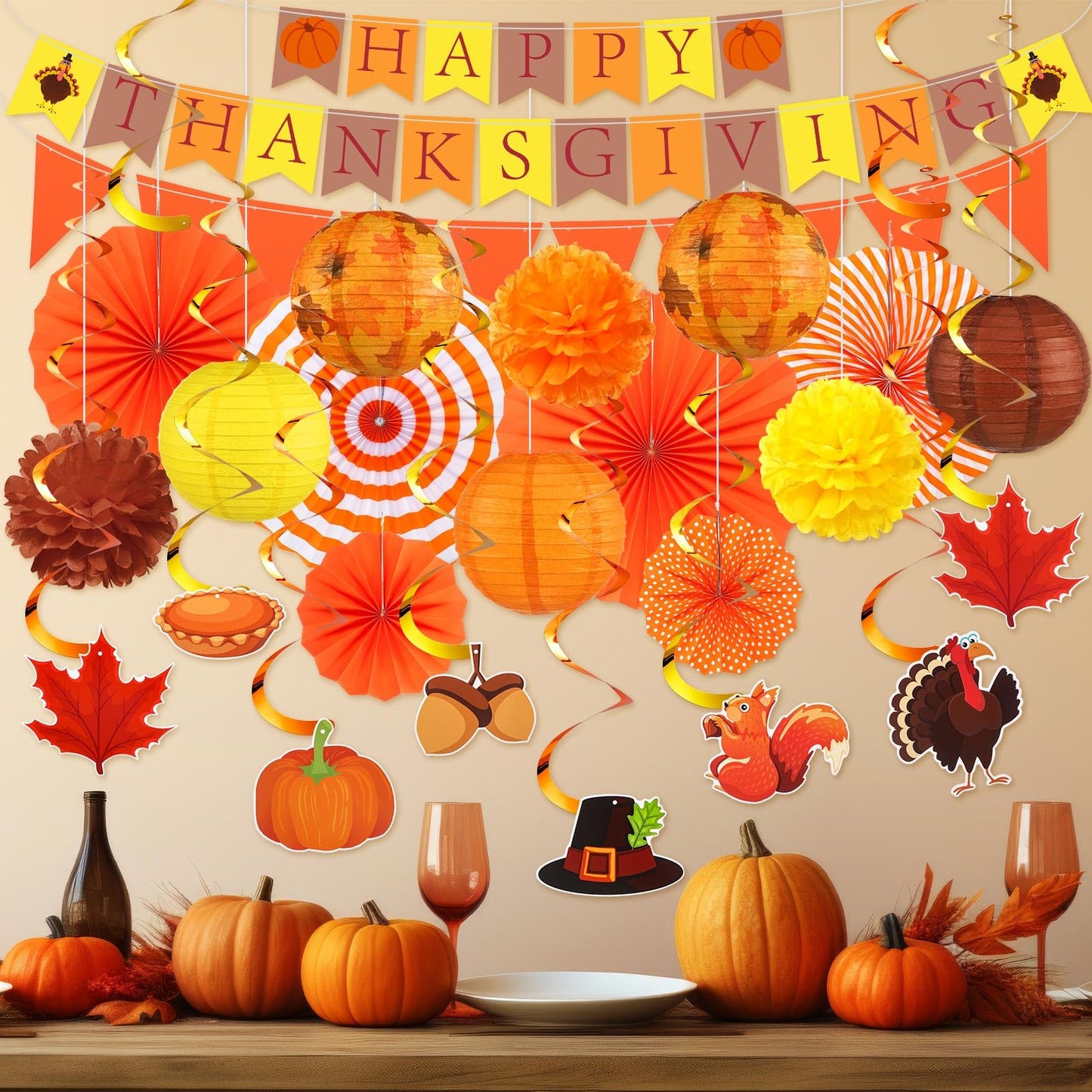 Motiskyy 28 Pcs Thanksgiving Party Decoration Include Happy Thanksgiving Banner Autumn Paper Lanterns Pom Pom Hanging Fans Bunting Garland Swirl Streamers For Fall Harvest Birthday