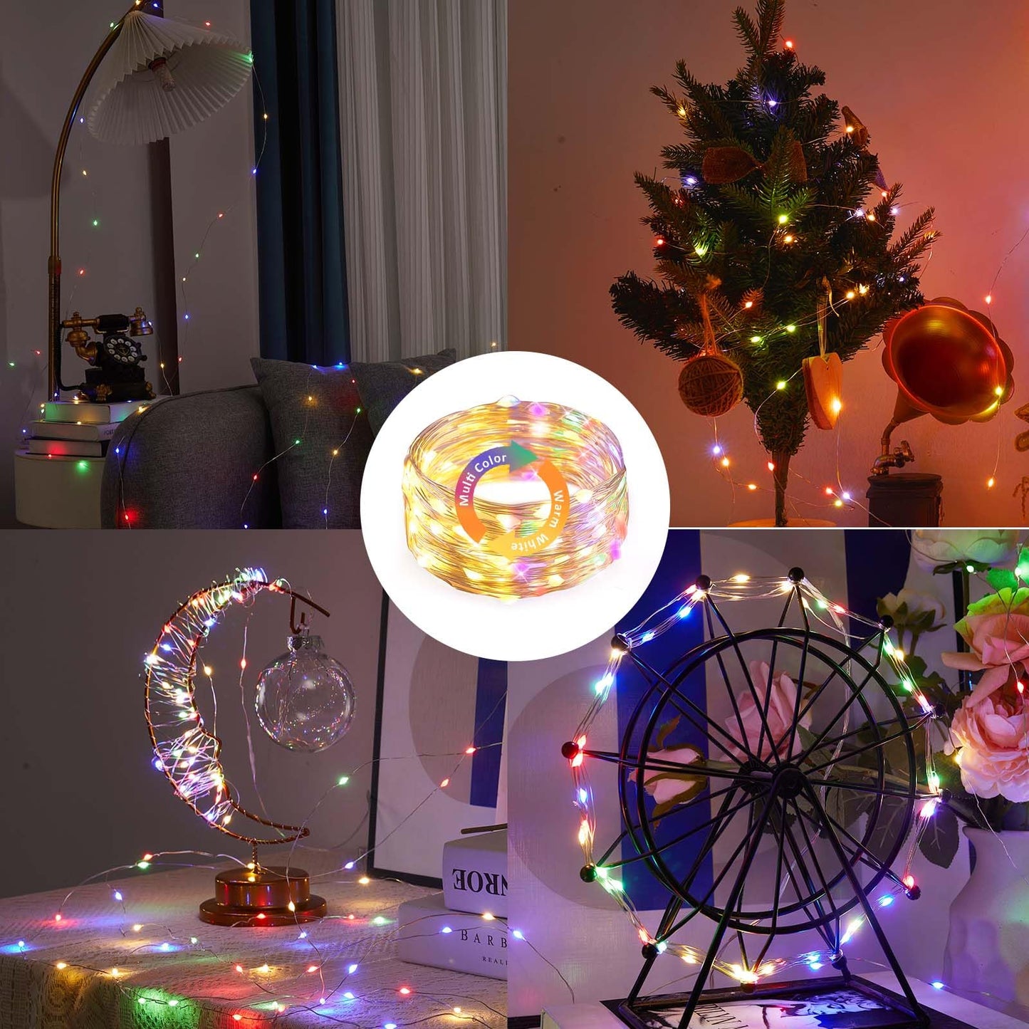Ariceleo 50 Led Battery Operated String Lights, 5M Warm White & Multi-Color, Remote Control, Waterproof Silver Wire Fairy Lights