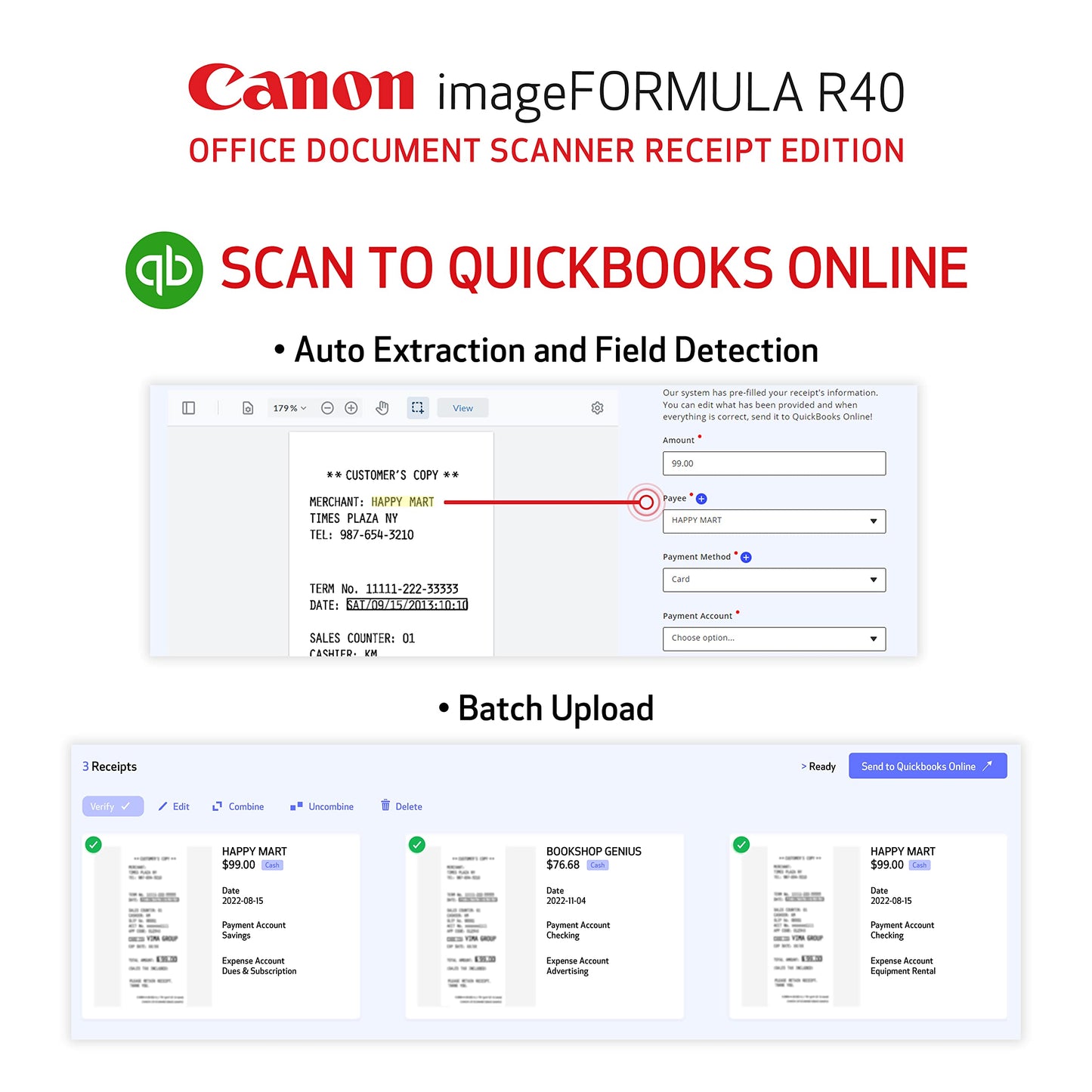 Canon Imageformula R40 Office Document Scanner Receipt Edition, For Pc And Mac, Scan & Extract Data To Quickbooks Online, Color