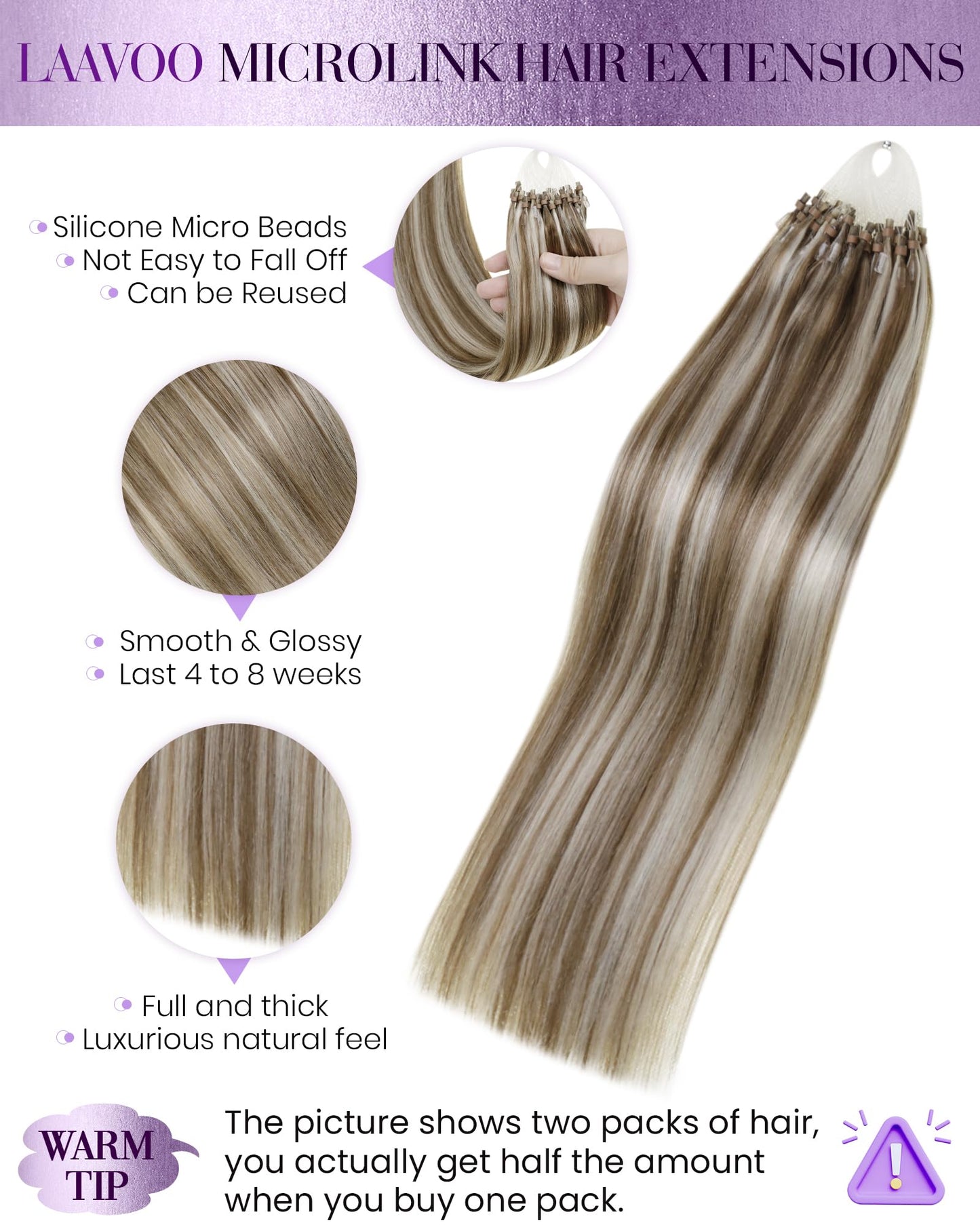 LaaVoo Micro Bead Hair Extensions Real Human Hair Highlight Micro Loop Hair Extensions Light Brown Highlighted with Platinum Blo