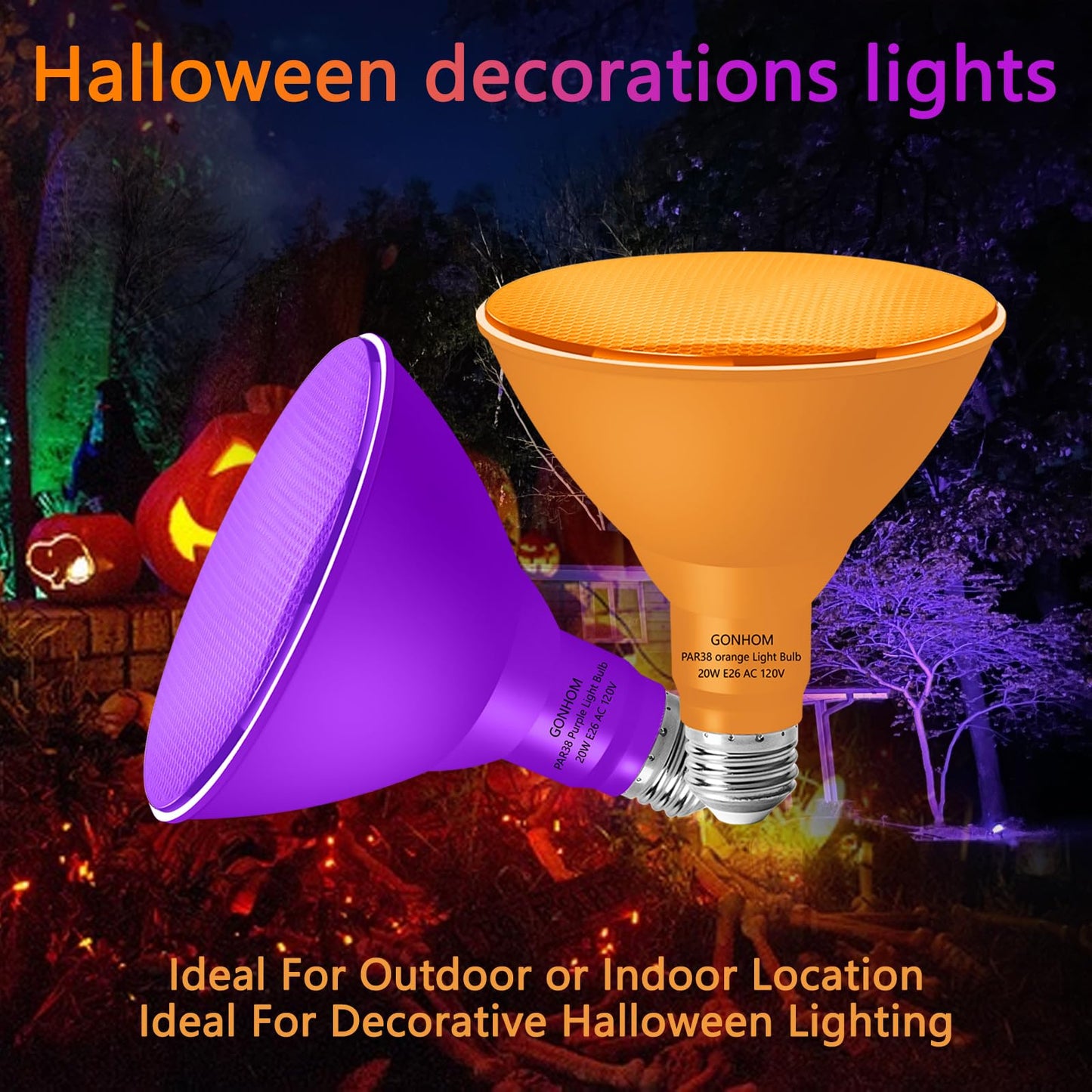 Gonhom Par38 Flood Lights Outdoor Dimmable Led Flood Light Bulbs 20W(Equivalent To 200W) E26 Base Outdoor Porch Holiday Lighting Led Flood Light Bulb For Halloween Christmas 4 Pack Orange Purple