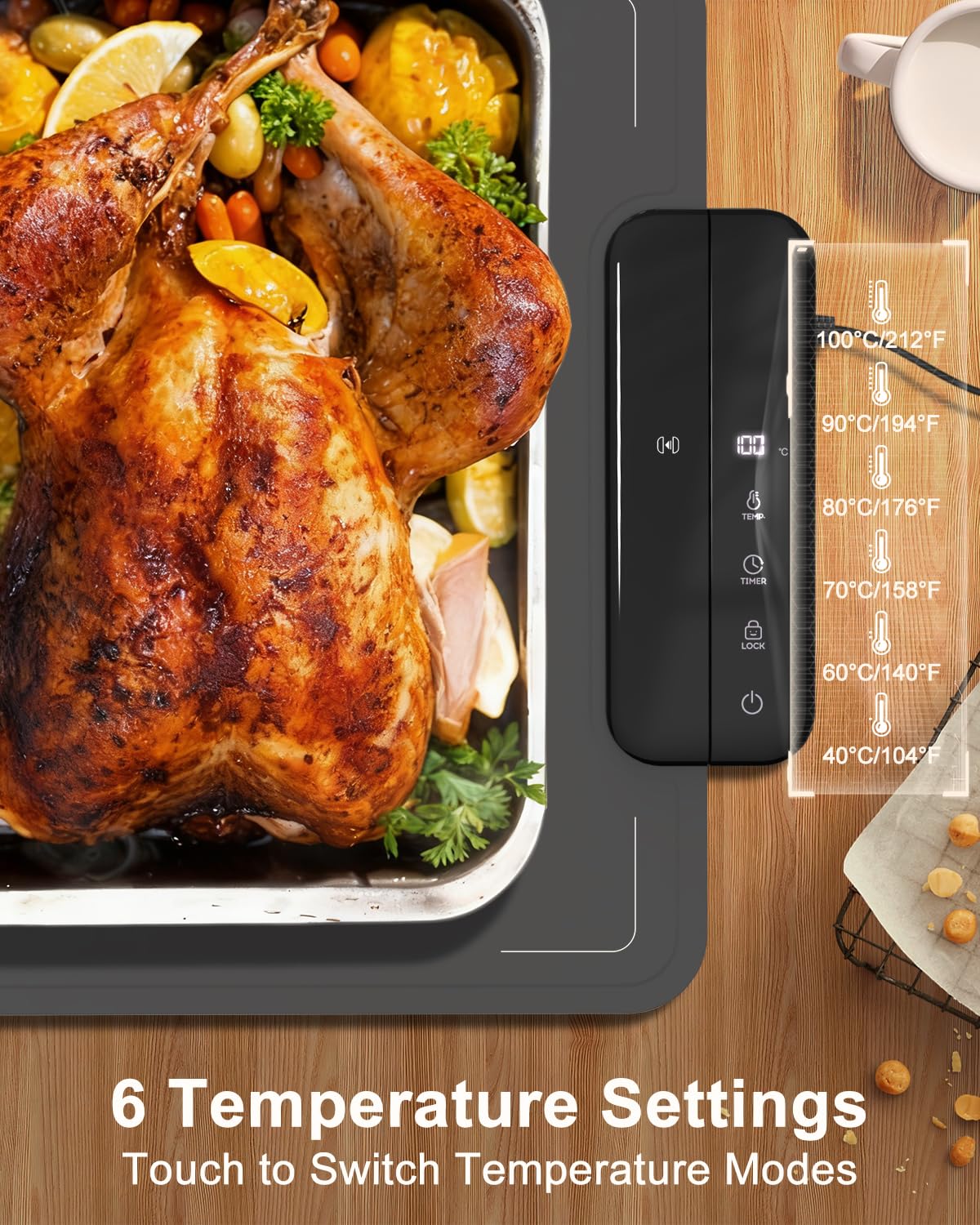 Electric Warming Mat for Food, ZAPLIT 24''x16 Washable Silicone Warming Tray with 6 Temp Settings, 6 Timers, Child Lock, and Auto Standby — Food Warmer for Buffet, Family Gathering, and Party (Grey)