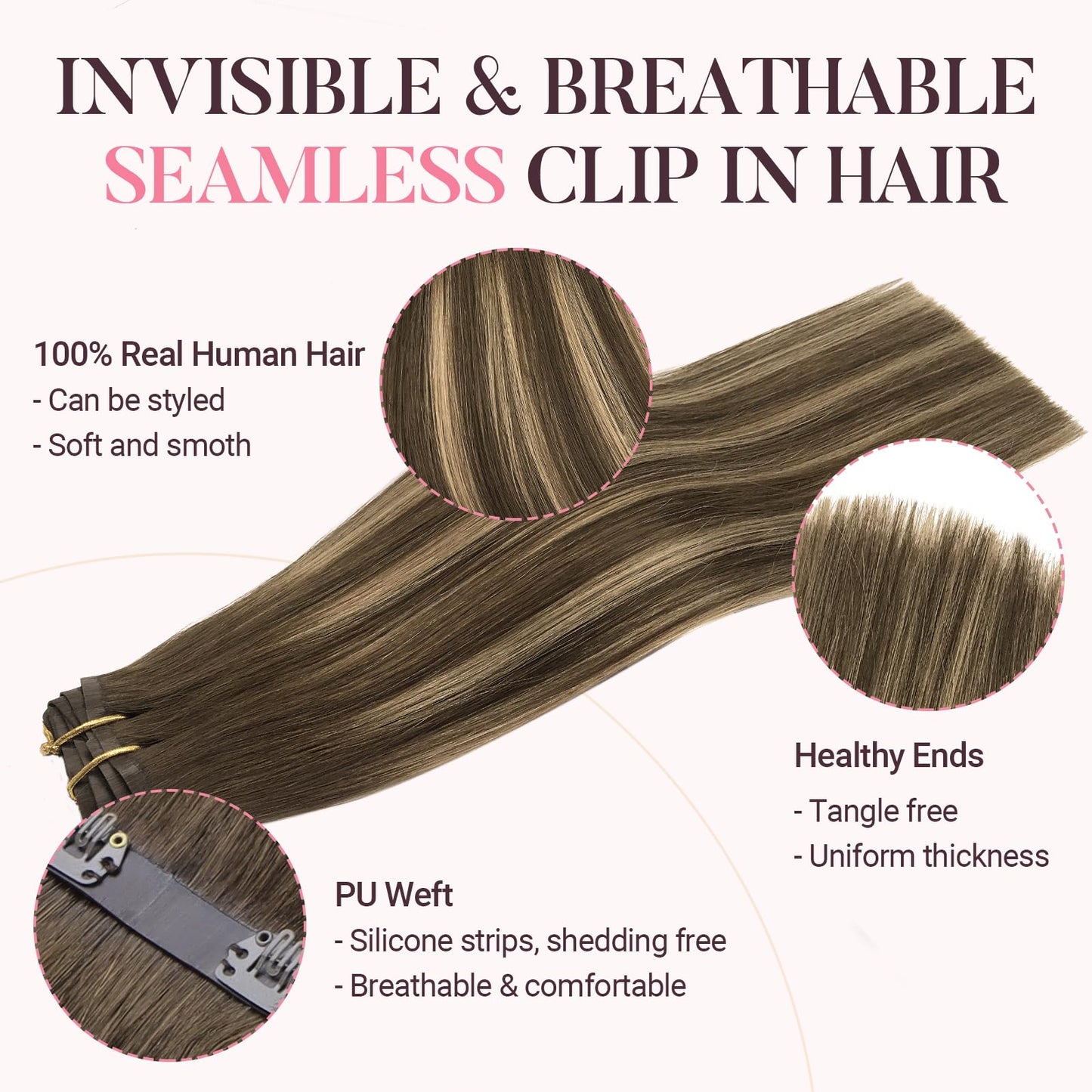 MAXITA Clip in Hair Extensions Real Human Hair, 7pcs 150g Balayage Chocolate Brown to Caramel Blonde 20 Inch, Seamless Hair Exte
