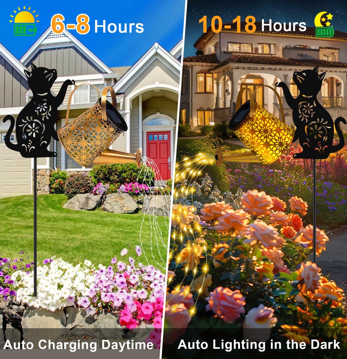 Solar Lights Outdoor Decorative  Watering Can With Cascading Lights  With Cat Silhouette Garden Stakes  Waterproof Metal Garden Decor For Yard Art  Outside  Patio  Lawn Ornaments 2Pack