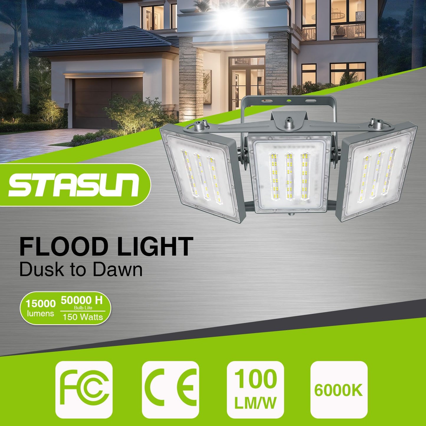 STASUN LED Flood Light 150W 15000LM 6000K IP66 Waterproof Adjustable Gray US18-20166