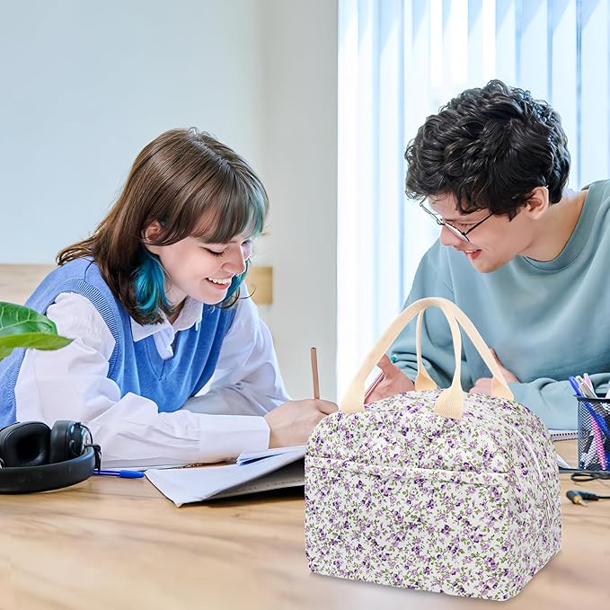 Cotton Quilted Insulated Lunch Bag, Cute Quilted Floral Lunch Tote Bags Reusable Insulated Lunch Box Coquette Aesthetic Large Capacity Insulated Cooler for Women Work Travel Picnic (Purple)