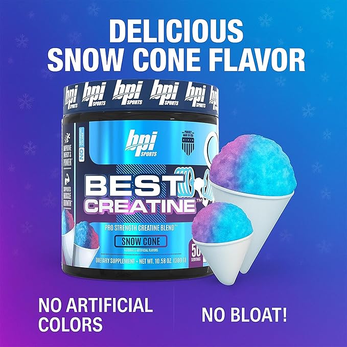 BPI Sports Best Creatine - Creatine Monohydrate Powder for Men & Women, Himalayan Salt - Strength, Pump, Endurance, Muscle Growth, Muscle Definition - No Bloat - Snow Cone - 50 servings - 10.58 Oz