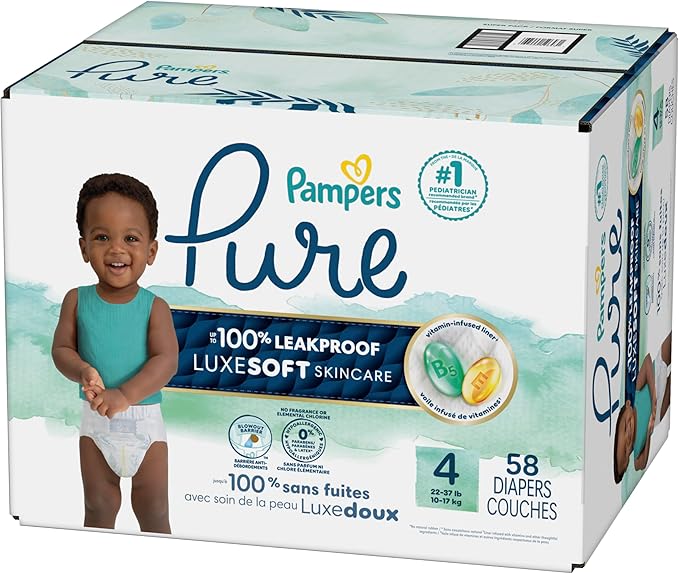 Pampers Pure Protection Baby Diapers, Size 4 (22-37 lbs), 58 Count, Up to 100% Leakproof, Premium Plant-based Skin Protection, Hypoallergenic Soft Diapers