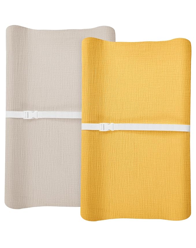 Changing Pad Cover for Baby Boy Girl 2 Pack, Muslin Changing Table Pad Covers with Boho Style, Neutral Nursery Bedding Essentials Soft and Breathable(Beige & Mustard Yellow)