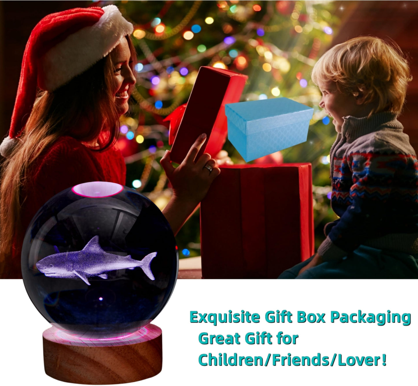 DIGFPWT Shark Crystal Ball Night Light, 3.15 Inch 3D LED Lamp, 16 Colors with Remote, Gift Box Packaging