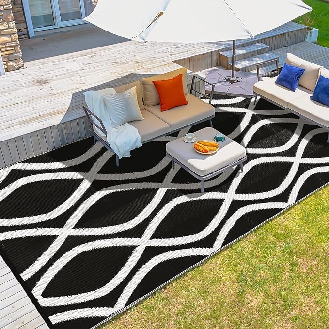 wikiwiki Outdoor Rug, 8x10ft Waterproof Reversible Mat Indoor Outdoor Rugs Carpet, Small Area Rug Plastic Straw Rug for Patio Deck Balcony Pool RV Camping Beach Picnic, Black & White, Rugscape Series
