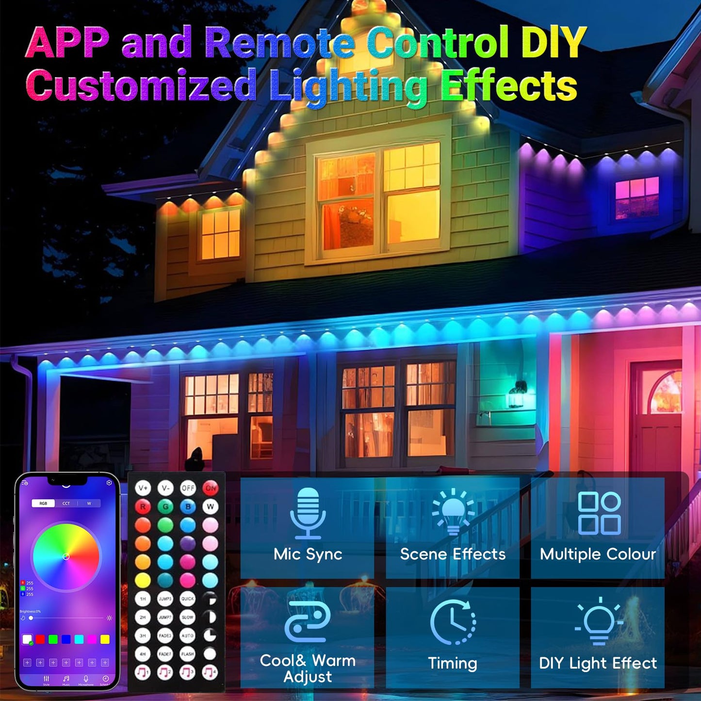 JZVGEN RGB Outdoor Permanent Lights, 200FT, IP67 Waterproof, 100 LED, Multicolor, Model WWST-060A, App/Remote Control