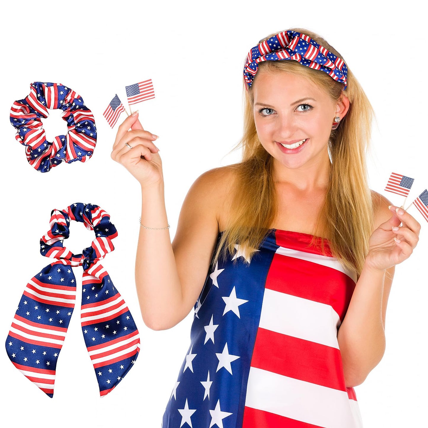 4th of July of Hair Accessories Set - 3Pcs American Flags Bandana Headband Red Blue White Hair Scarf Tie Patriotic Satin Scrunch