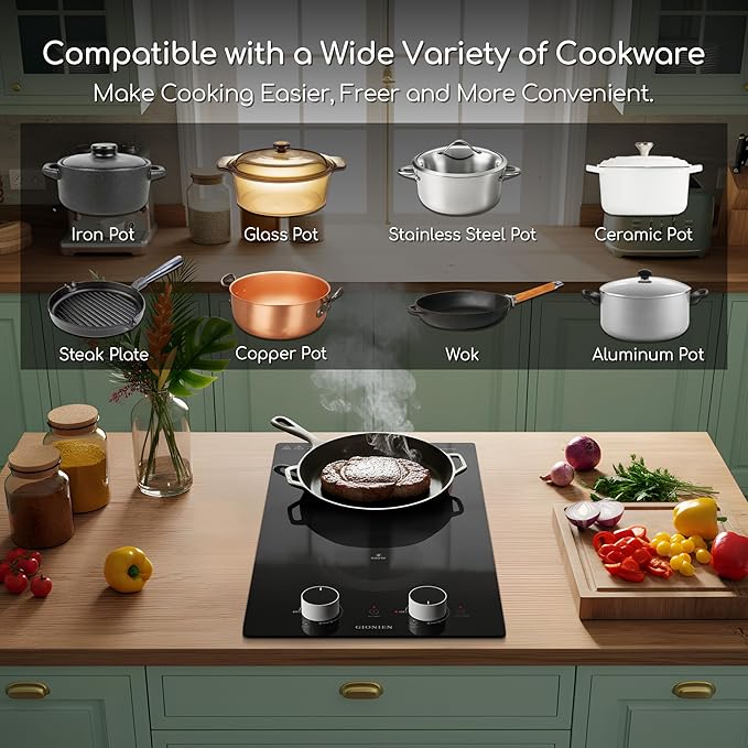 12 Inch Electric Cooktop with 2 Burner,110V-120V, 1800W,Plug in Electric Stove Top,Countertop & Built-in,Glass Radiant Cooktop with Knob & Touch Control,Auto Shutdown,Residual Heat Warning